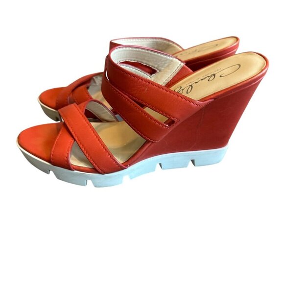 Charly Amar Leather Wedge Sandals Slides Bold Coral Strappy Size 10 Women's - Picture 4 of 14